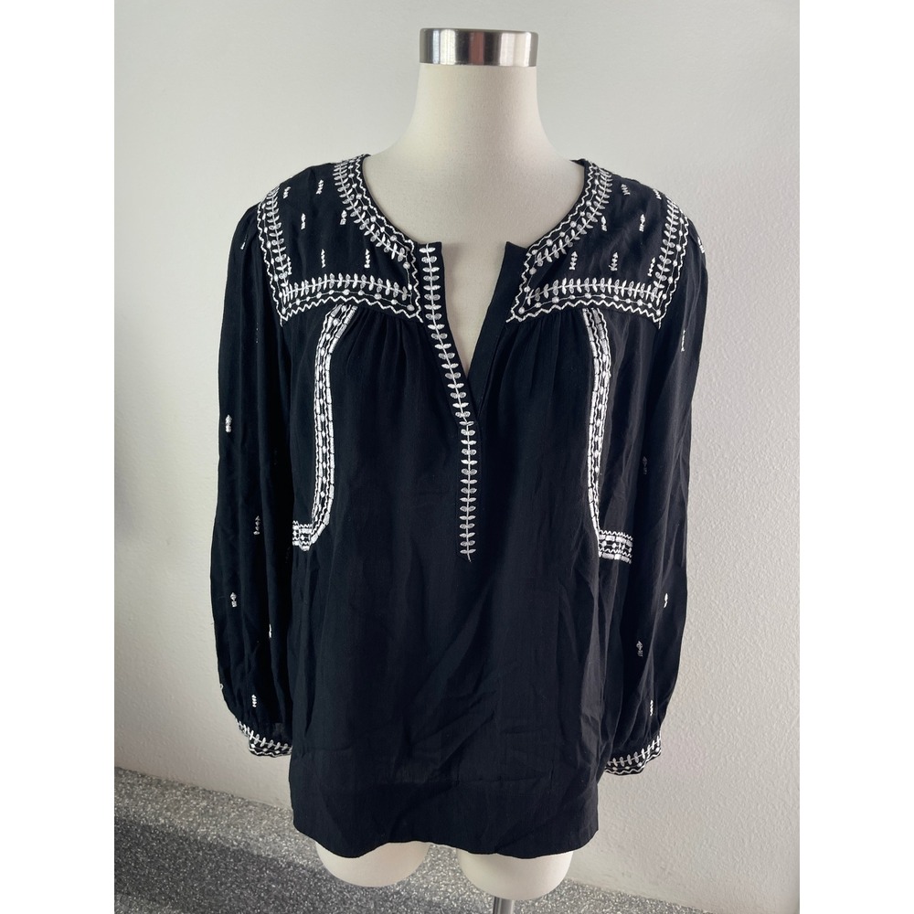 Lucky Brand Womens Large Black Embroidered Peasant Top Long Sleeve Boho Blouse